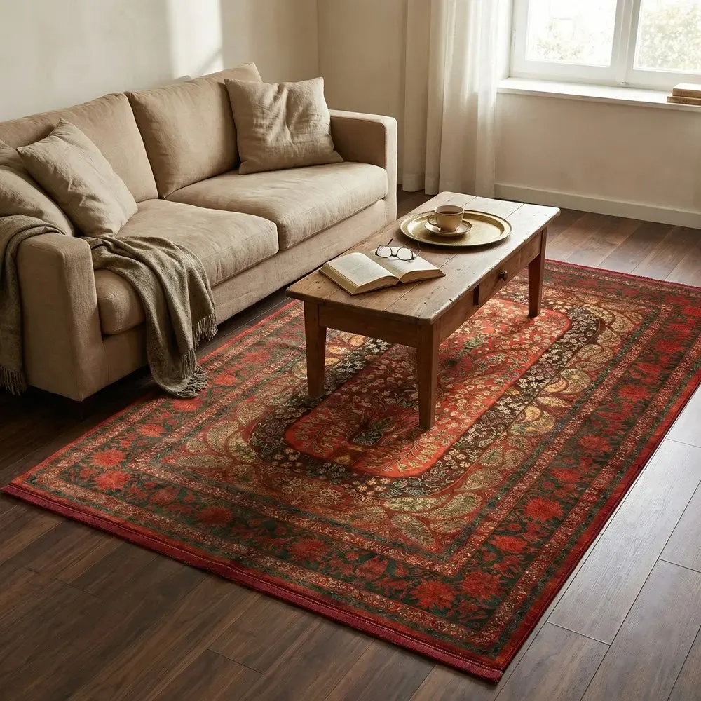 فرش ماشینی هلنا 25NH0060 لاکی معادل 77 رج دستبافت