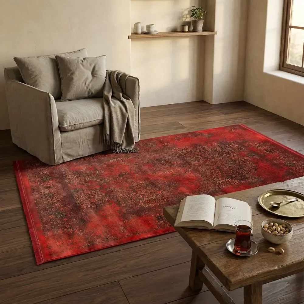فرش ماشینی هلنا 25NH0000 لاکی معادل 77 رج دستبافت